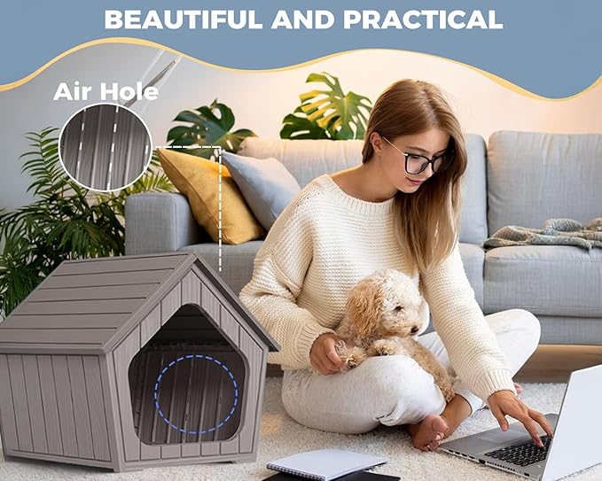 DRATO Dog House Indoor Outdoor - Weather-Resistant Resin Pet Shelter for Patio, Porch, Living Room