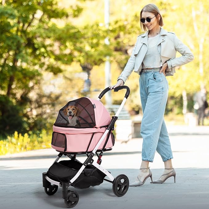 Pet Stroller for Medium Small Dog & Cat, Foldable Lightweight Dog Stroller with Storage Basket Pet Travel Carriage with Safety Leashes, 4 Wheel, Pink