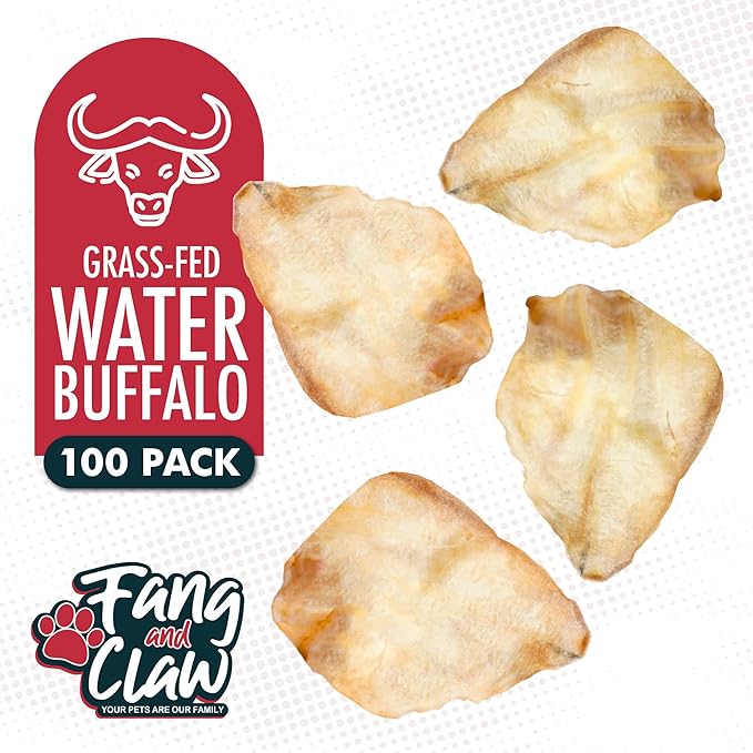 Fang & Claw Water Buffalo Ears for Dogs (50 Pack) - Free Range Grass Fed Low Calorie All Natural Dog Chews - Healthy Dental Chew Bone Alternative - No Rawhide Dog Chews - Long Lasting Natural Treats