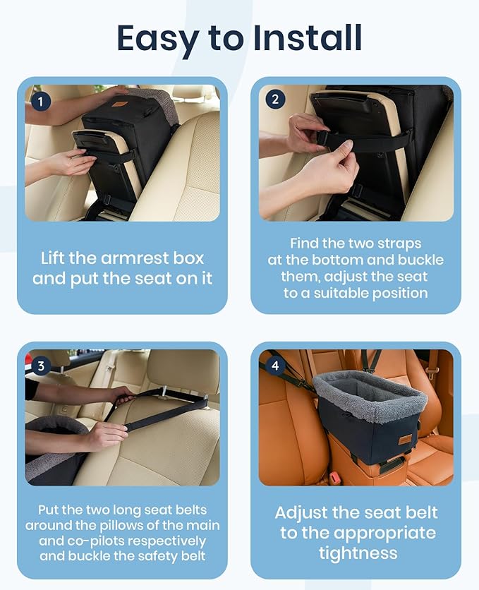 BurgeonNest Armrest Medium Sized Dog Car Seat - Portable Pet Booster Center Console Carseat Up to 15lbs, Safe Comfort Car Travel with Metal Frame, Pee Pad, Washable Fluffy Cushion and Interior, Grey