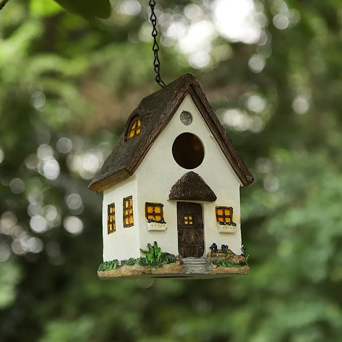 White Resin Cottage Bird House Brown Roof, 1.5" Entry Hole for Small Birds Wrens Sparrows, Rustic Cottage Style Nesting Box, Weatherproof Backyard Garden Decoration