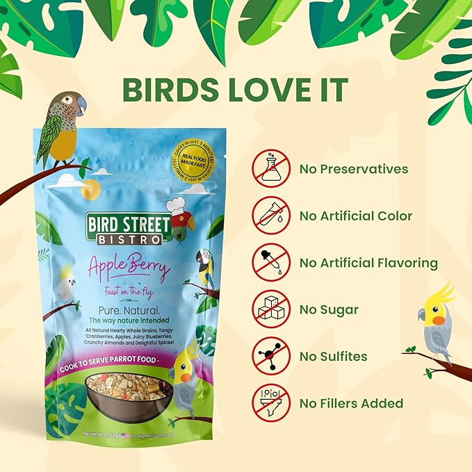 Parrot Food - Parakeet & Cockatiel Food - Cooks in 3-15 min with Natural & Organic Grains, Legumes, Non-GMO Fruits, Vegetables & Health-Oriented Spices