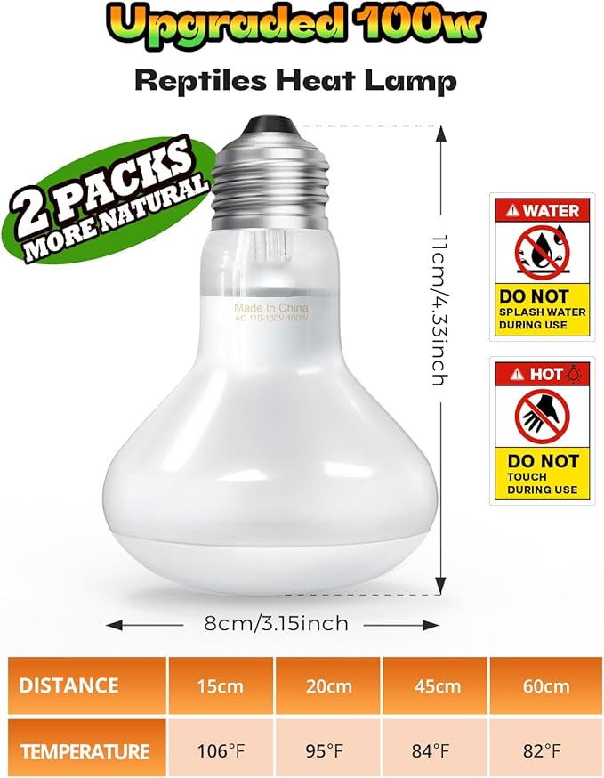 Reptile Heat Lamp, 2 Pack 100W Heat Lamp Bulbs for Reptiles, Amphibians Basking Heat Lamp Bulbs, UVA Daylight Basking Light for Reptiles, Bearded Dragon, Lizard, Turtle, Chicken