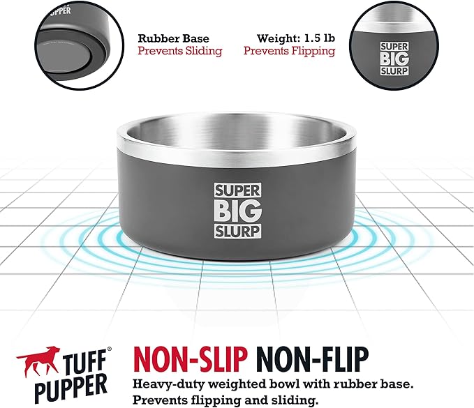 Tuff Pupper Heavy Duty Insulated Dog Bowl | Double Wall Stainless Steel Dog Food Dish | Non-Slip Spill Proof Dishwasher Safe Cat Bowl | Water Dish for Feeding Large Medium Small Pets (44oz, Grey)