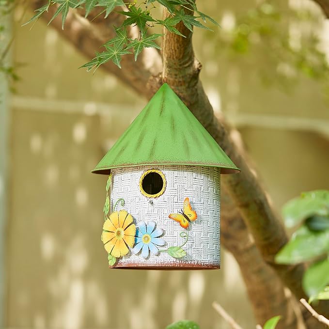 Glitzhome Bird Houses for Outdoors, Blue Bird House for Outside, 11" H Stylish Distressed Metal Cottage Decorative Birdhouse with a Cluster of 3D Flowers and Butterfly for Garden Patio Backyard
