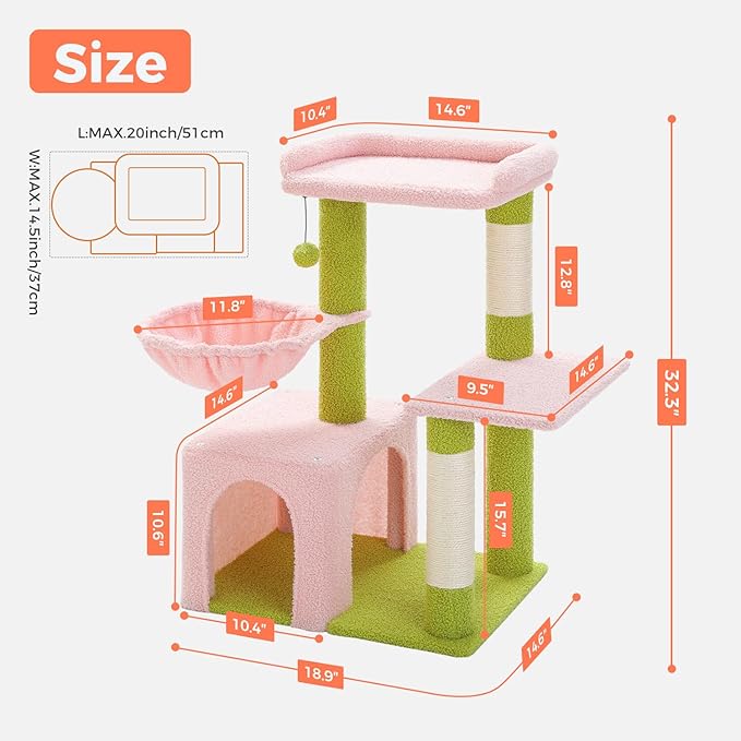 Pink Cat Tree for Indoor Cats with Metal Frame Carpet Hammock, 32" Cute Cat Tower with Cozy Condo, Top Perch, Scratching Posts, and Replaceable Ball Toy, Pet Furniture for Small Cats & Kittens