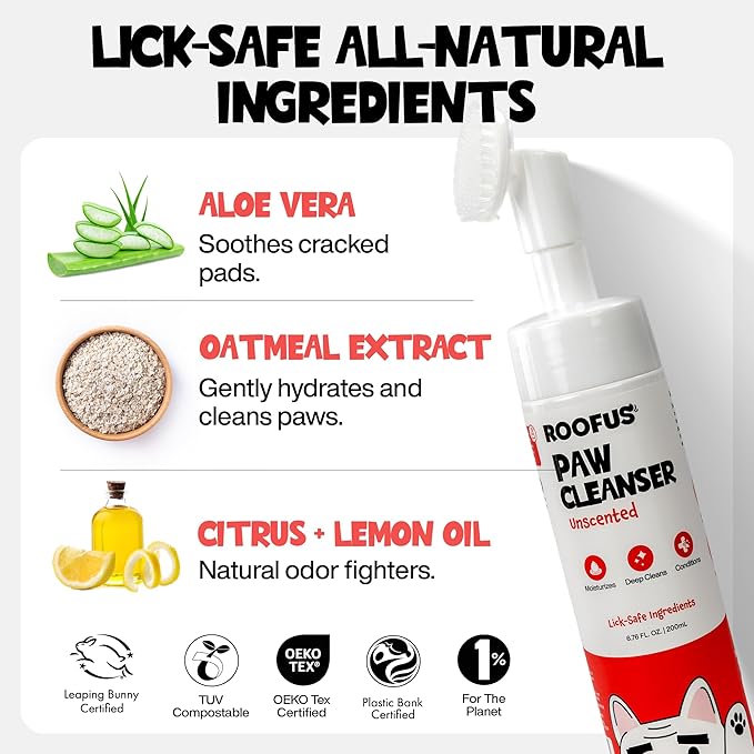 Paw Cleanser - Gentle, Unscented Foaming Cleanser with Built-in-Brush - No-Rinse Paw Cleaner for Dogs and Cats - Paw Cleaner for Repairing & Restoring Cracked Paws - 5.07 fl oz