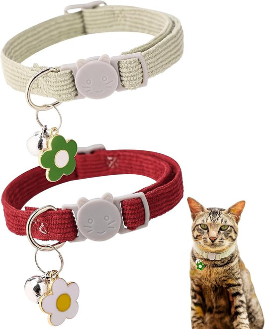 2 Pack Cat Collar with Bells, Corduroy Adjustable Kitten Collars with Breakaway Safety Buckle for Boy Girl Cats-Green Red