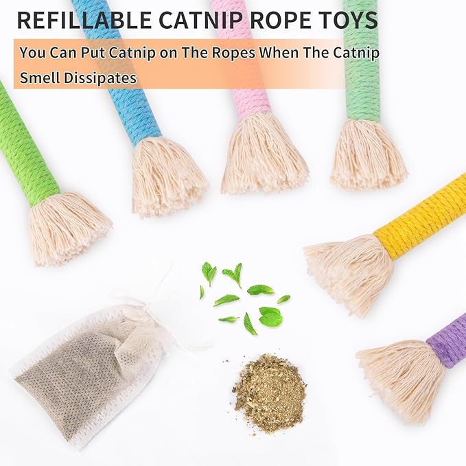 Retro Shaw Cat Toys, 6Pcs Catnip Chew Ropes, Safe Durable Kitten Teething Toys for Indoor Cats, Kitty Kicker Sticks Dental Toy for All Breeds