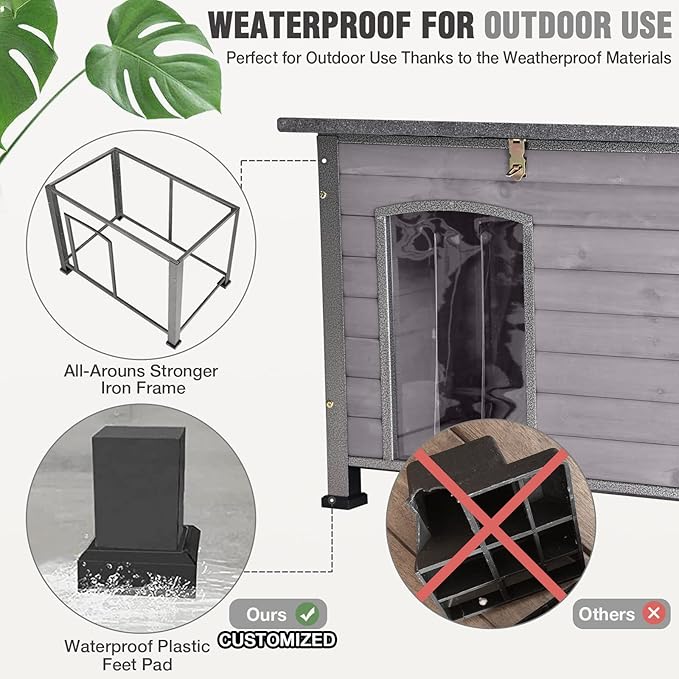 Dog House Outdoor Insulated Dog House for Small Medium Dogs, Natural Wood with Iron Frame, Waterproof Roof Raised Feet