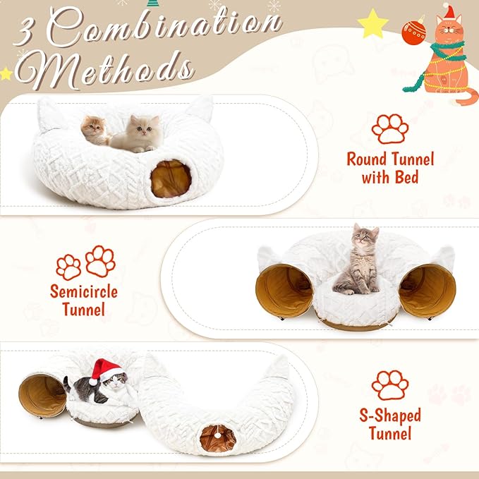 OurWarm Christmas Cat Tunnel Tree Skirt, Soft Plush Cat Donut Tunnel Bed with Washable Mat & 11 Pcs Interactive Toys, Peekaboo Cat Cave Under Christmas Tree for Indoor Cats Small Animals
