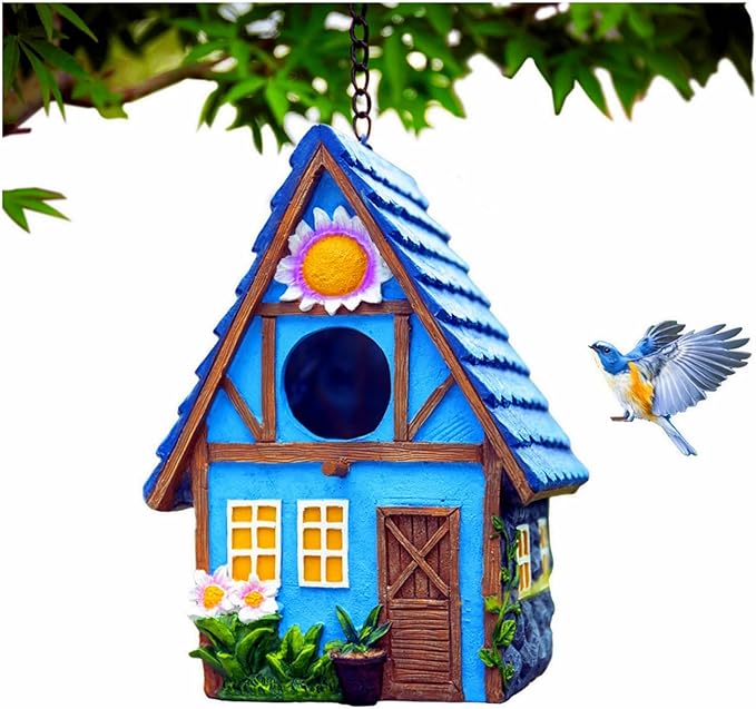 Garden Bird House for Outside Clearance Hanging Outdoors Country Cute Birdhouses for Wren Finchs Chickadee Hummingbird Tree Swallow Cage Kids Nature Lover Bluebird House(Blue)