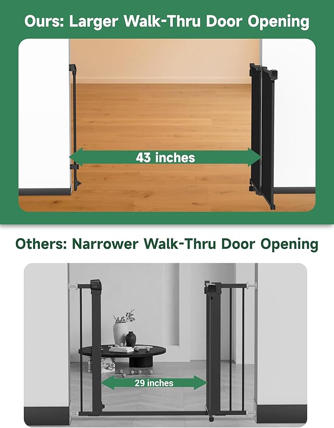 29.5-43" No Bottom Bar Baby Gate for Stairs, Auto Close Baby Gates for Doorways, Hardware Mounted, Dog/Pet Gate Indoor with Extra-Wide Walk Thru Door, Child-Proof Safety Gate for Kids (Black)