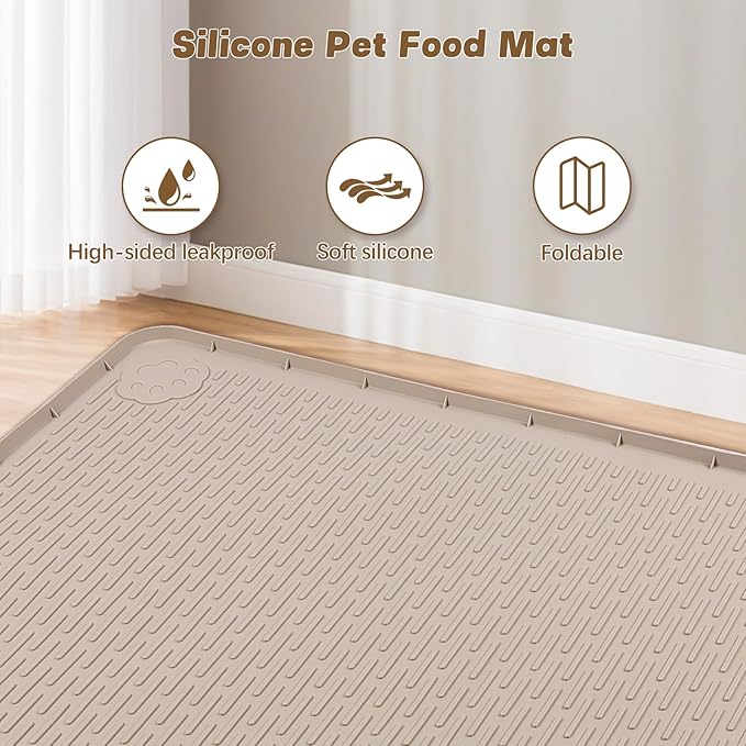 Cat Food Mat, 50" x 35" Extra Large Silicone Pet Feeding Mat with Raised Edge Pet Placemat for Food and Water Bowl Non-Slip, Easy to Clean, Floor Protection (Khaki)