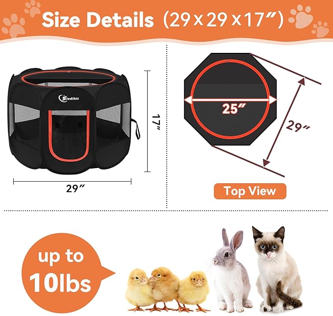 Black Dog Playpen, Puppy Pet Playpen Indoor for Small Dogs Tent Crates Cage Indoor/Outdoor, Portable Pop Up Dog Kennel Playpen with Carrying Case for Dogs/Cats/Rabbits, Removable Zipper Top