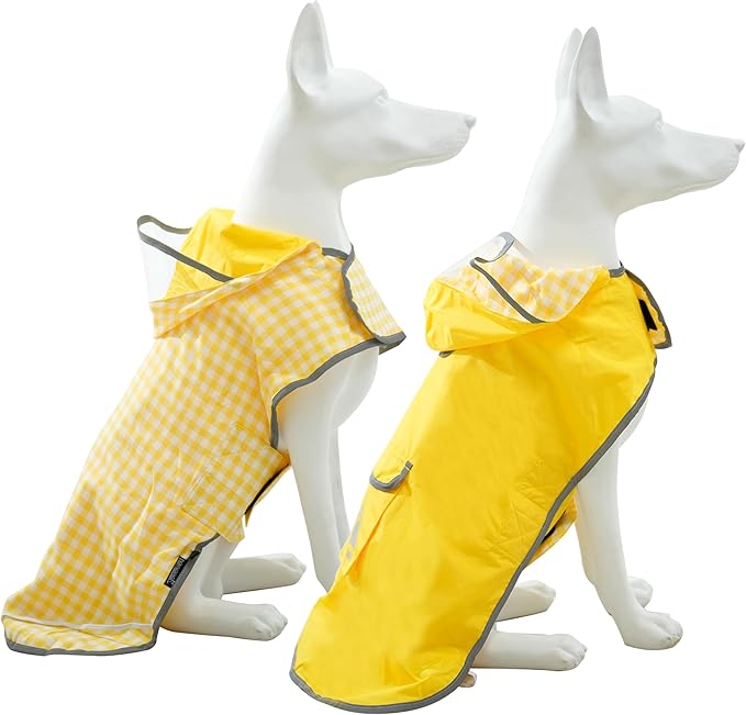MAMORE Dog Raincoat Reversible,Waterproof Dog Rain Coat Hooded Slicker Poncho with Reflective Strip, Plaid Double Layer Rain Jacket for Small Medium Large Dogs (Yellow, Large)
