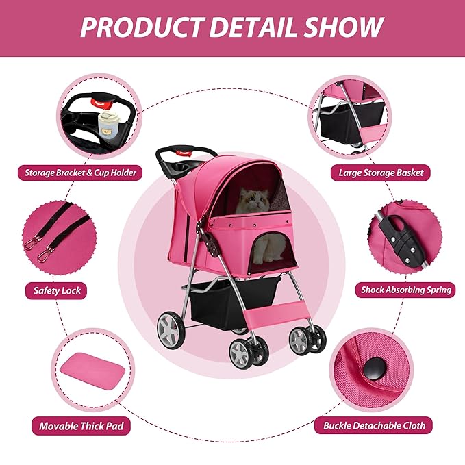 4 Wheels Pet Stroller for Small Medium Dogs Cats 10-33 lbs, Foldable Dog and Cat Stroller with Cup Holder & Storage Basket & Breathable Mesh, Pet Strolling Cart for All-Season, Pink
