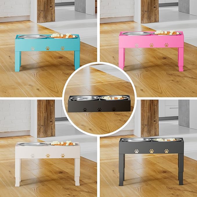 Elevated Dog Bowls with 2 Stainless Steel Bowls, Raised Dog Food Bowl Stand 5 Height Adjustable (3.1", 9", 10", 11", 12") Non-Slip Feeder Set for Medium and Large Dogs - Pink