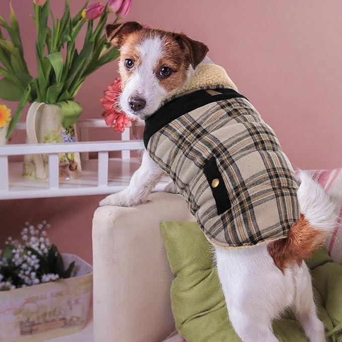 Winter Coat for Medium Dogs, Dog Plaid Jacket, Pets Coat for Cold Weather, Windproof Warm Garments, Pet Thickened Outfits Indoor Outdoor, Beige M