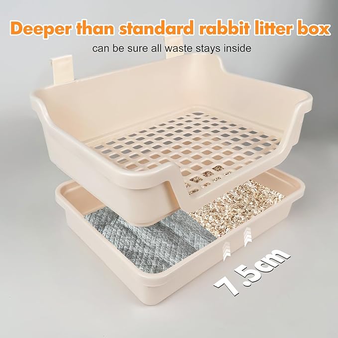 Large Rabbit Litter Box w/Plastic Grid & Dump Tray-Bunny Litter Pan Small Animal Potty Toilet - Pet Bunny Supplies Rabbit Cage Accessories for Training Corner Litter Box (Cream)