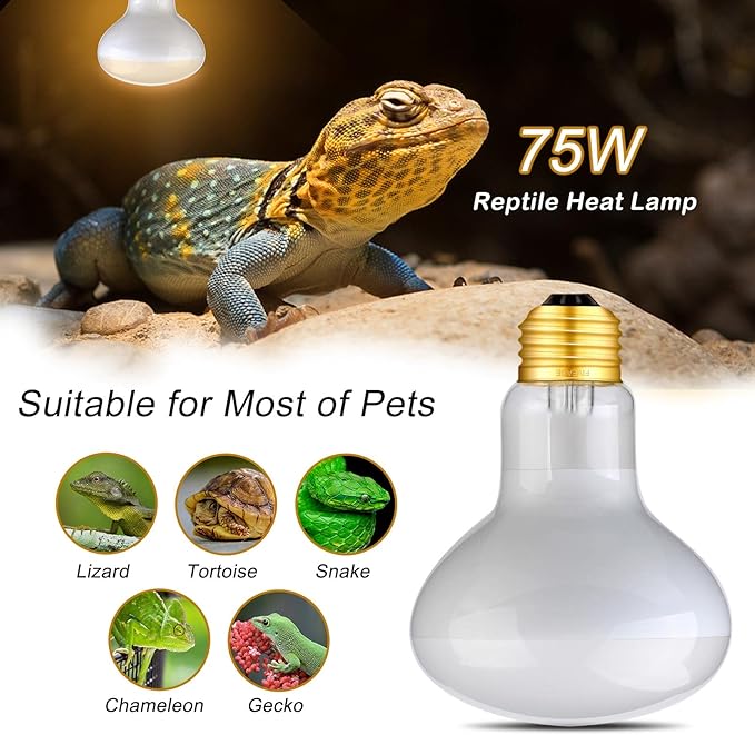 75W Reptile Heat Lamp Bulb/Light, UVA Basking Spot Heat Lamp Sun Light White Bulb for Bearded Dragon Lizard Tortoise Turtle, Reptiles & Amphibians - 4 Pack
