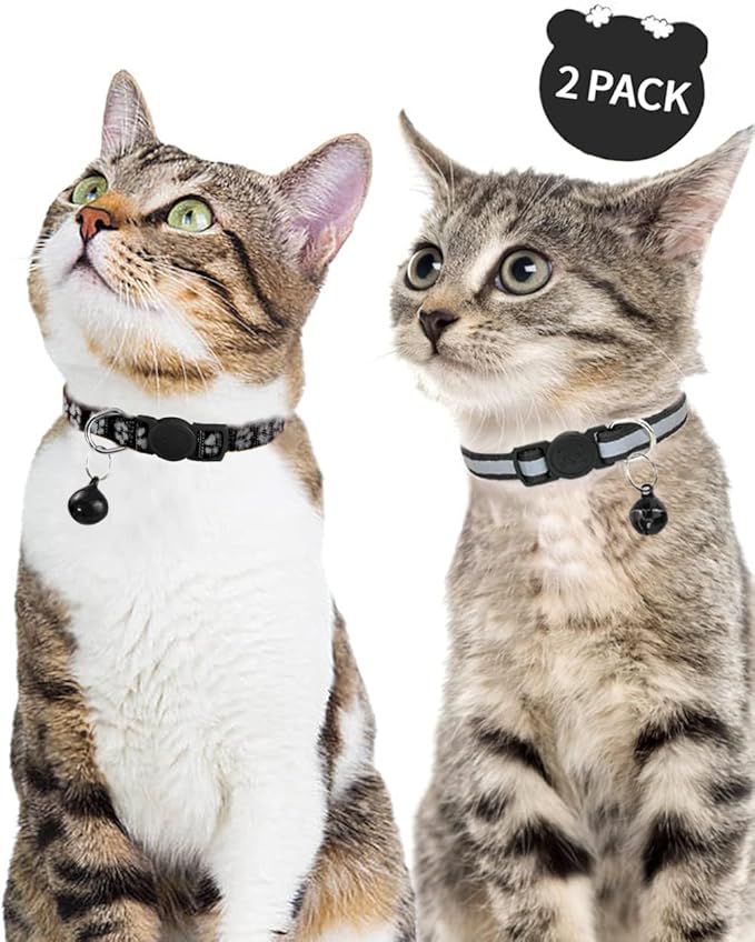 Taglory Reflective Cat Collar Breakaway with Bells, 2 Pack Girl Boy Pet Cat Collar Adjustable 7.5-12.5 Inch, Black