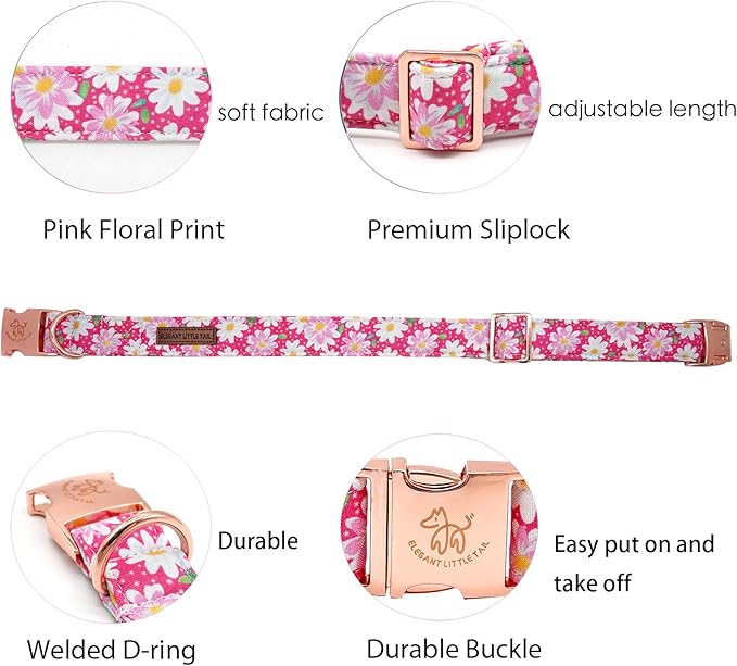Elegant little tail Dog Collar, Pink Floral Pattern Pet Collar Durable Cute Dog Collars Summer Female Pet Gift Adjustable Dog Collar for Small Dogs