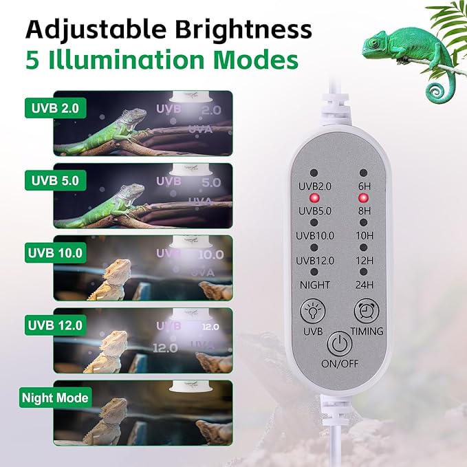 UVB Light for Reptiles, UVA UVB Reptile Light Fixture with Timer LED UVB Bulb for Bearded Dragon Gecko Turtle Chameleon Lizard Snake, Adjustable Brightness UVB Lamp for Reptile Tank Accessories, White