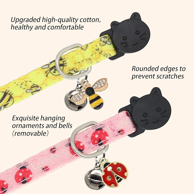 Cat Collar Breakaway, 2 Pack Cotton Cats Collars with Bells, Cute Bee and Ladybug Shaped for Girl Boy Kittens