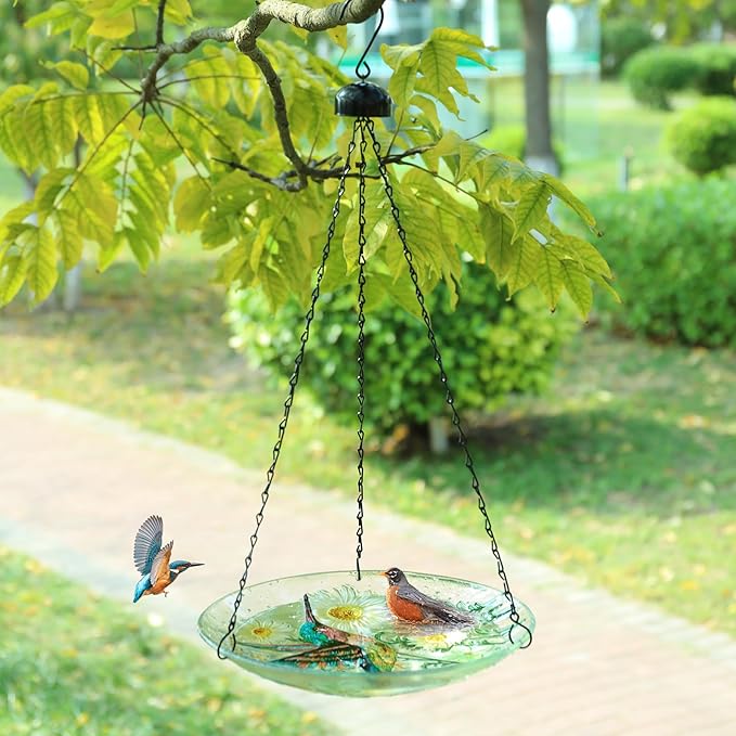 MUMTOP Hanging Bird Bath-Bird Baths for Outdoors - 12 Inch Hummingbird Daisy Glass Bird Water Bowl Bird Feeders for Outside, Garden, Lawn Yard Decor