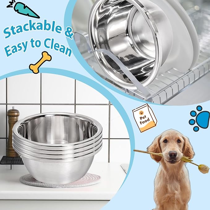 10 Pack 7 Cup Stainless Steel Dog and Cat Bowls, 8" Diameter Metal Dog Bowl, Durable Thickened Pet Replacement Bowls for Food and Water Dish, Small Medium Large Dogs, Dishwasher Safe