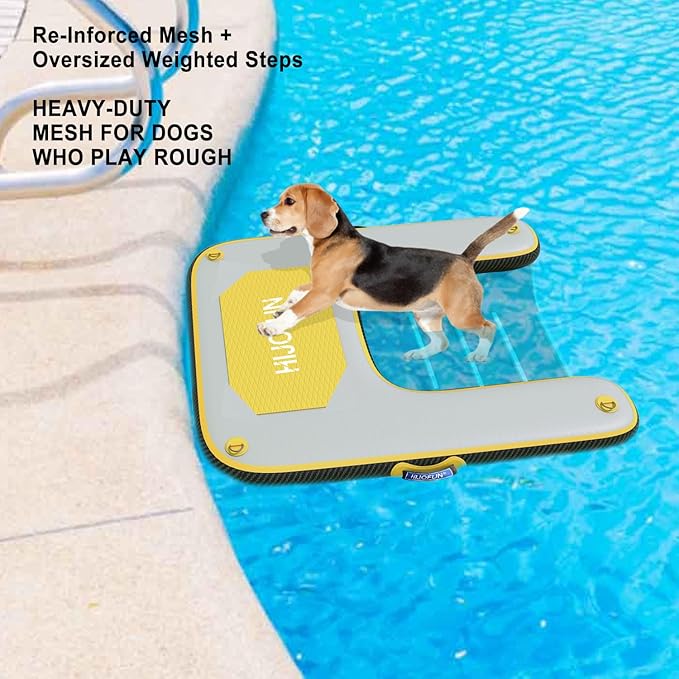 Inflatable Dog Water Ramp with Non-Slip Steps & D-Rings–220 lbs Capacity,55"x39.4"x4", Portable Floating Ladder for Pool, Boat, Lake – Yellow