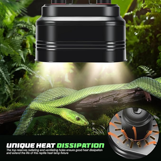 Dual Reptile Light Fixture with Thermostat Switch and Independent Switch, Deep Dome Reptile Heat Lamp Fixture Optical Reflector Lampshade for Bearded Dragon, Amphibians, Tortoise (Max 100W)