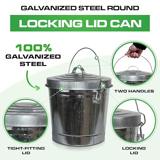 Plexon 6 Gallon Outdoor Trash Can with Lid Galvanized Metal Bucket with Locking Lid for Poultry Feed Bird Seed Storage Ash Small Garbage Can, 6 Pack
