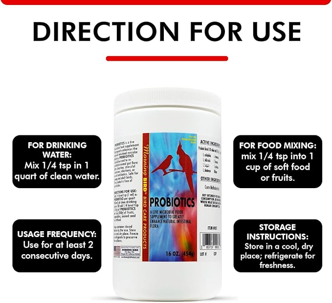 Morning Bird Probiotics for Birds 16 oz– Digestive Health Supplement with Supports Gut Balance, Nutrient Absorption & Immune Support – Easy Mix Powder Supplement for All Bird Species