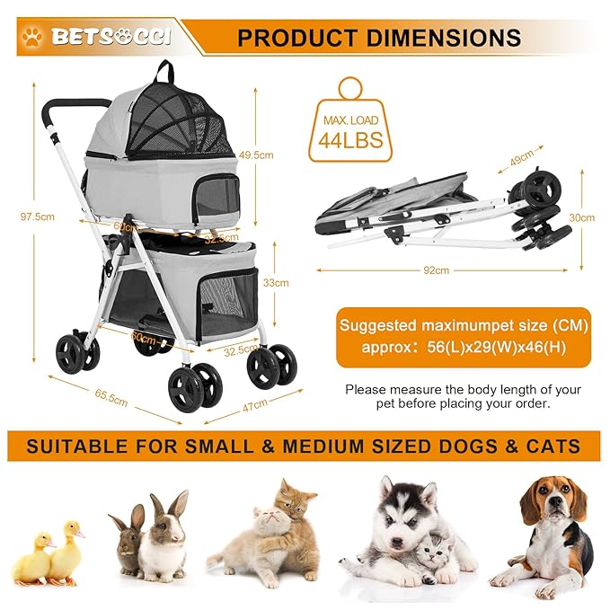 Double Dog Stroller with 2 Detachable Carrier, Portable Pet Stroller for Small Dogs & Cats Folding Lightweight Puppy Travel Carriage, 4 Wheels, Grey