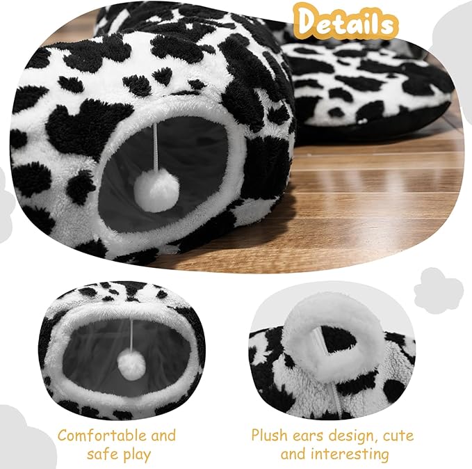 Cat Tunnel Bed for Indoor Cats, Soft Plush Donut Peekaboo Cat Cave, Multifunctional Playground Toy for Small Medium Large Cats, Kittens, Rabbits, Ferrets, with Washable Cushion (Black&White)