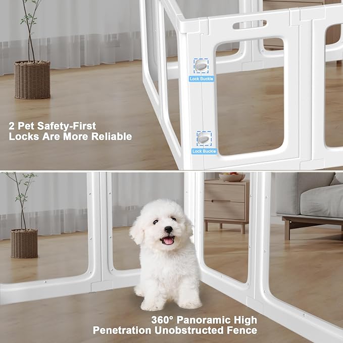 12 PCS Panoramic Clear Acrylic Dog Playpen with 2 Doors, Acrylic Plastic Dog Playpen for Small Dogs Indoor, Unobstructed Dog Fences Indoor Easy to Clean, 23.6" H Portable Medium Cage with Tool-Free