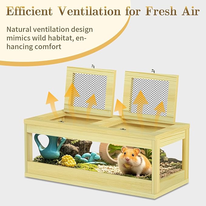 Large Hamster Cage, Solid Wood Gerbil Cage, Chewproof Hamster Cages and Habitats, Sliding Doors, Top Ventilation Window, Guinea Pig Cages for Small Animals, Dwarf, Syrian, Mice, 36" x 18" x 12"