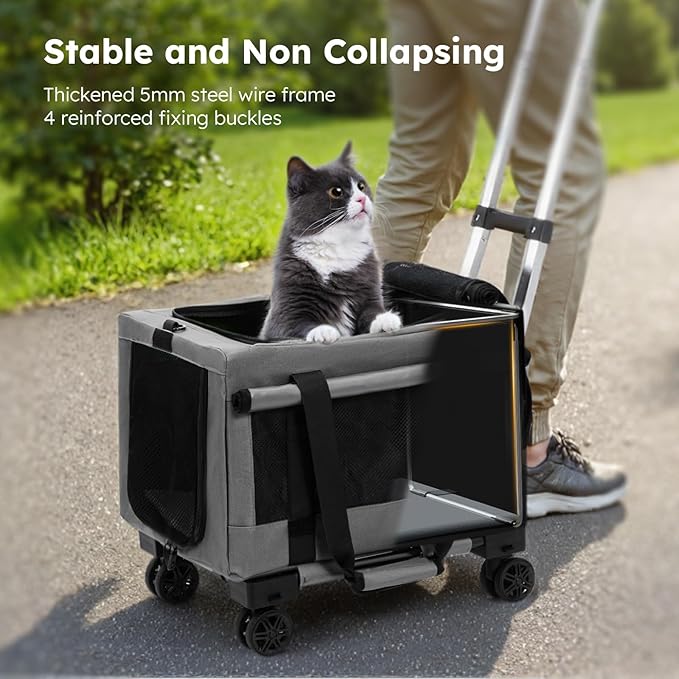 Pecute Cat Carrier with Wheels,Steel Wire Frame Cat Carrier, Stable Pet Trolley Bag for Cats, Pet Handbag and Stroller, Portable Cat Carrier Bag for Car Travel Bus Subway, Grey