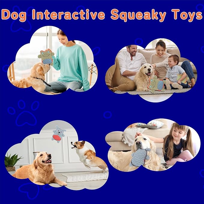 Crinkle Dog Toys Squeaky Plush No Stuffing Cute Puppy Stuffless Tough Rop Pull Toy, Fun Dog Stuffed Animals Durable Chew Set for Small Medium Large Pup (Large, Green Frog+Blue Dog)