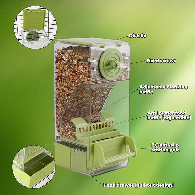 Bird Feeder No Mess 2PCS Automatic Clear Bird Seed Food Container Acrylic Parrot Feeder Dispenser Cage Accessories for Parakeet Budgies Cockatoo Canary Love Bird (Green)