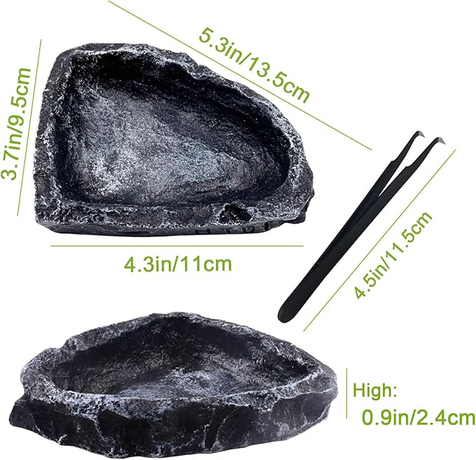 2 Pack Reptile Water Dish - Reptile Water and Food Bowls with Tongs Imitating Natural Rock,Breadworm Feeding for Leopard Gecko Lizard Spider Scorpion Chameleon (2Pcs Square Type)