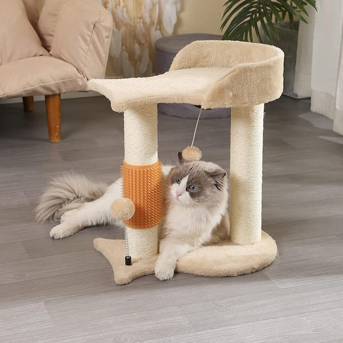 5-in-1 Cat Tree Tower Multifunction Cat Scratching Post Featuring with Fish-Shaped Rest Platform Cat Self Groomer Danging Ball Spring Ball, Ideal for Indoor Cats or Kittens - Cream