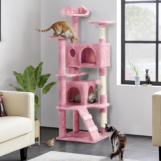 Yaheetech 62in Cat Tree Tower for Indoor Cats, Furniture w/Double Condo, Scratching Posts, Multiple Platforms and Balls for Kittens, Pink