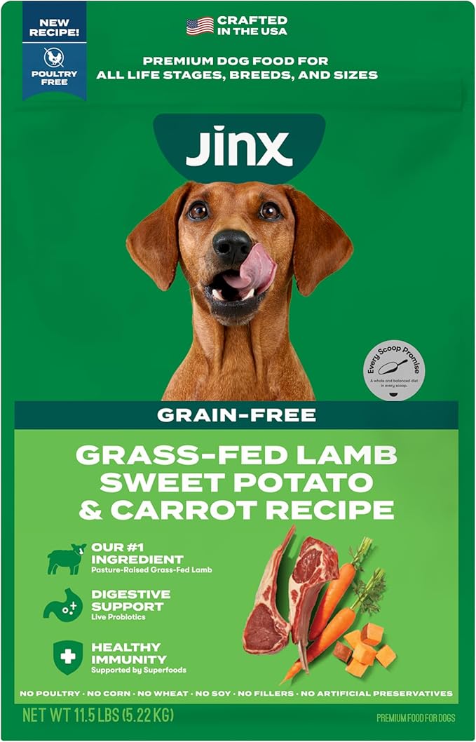 Jinx Premium Grain-Free Dry Dog Food, for All Lifestages - Grass-Fed Lamb, Sweet Potato & Carrot Dog Food with Superfoods for Immune Support & Probiotics for Digestive Support - No Fillers - 11.5lb