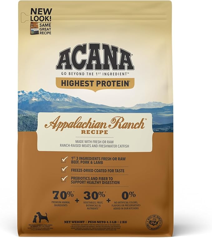 ACANA Highest Protein Grain Free Dry Dog Food Appalachian Ranch Recipe 4.5lb Bag
