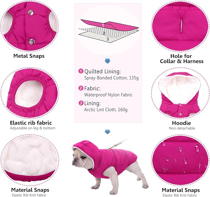 Windproof Waterproof Dog Coat Fleece & Cotton Lined Warm Jacket, Cold Weather Pet Apparel Clothes Vest for Small to Large Dogs (XL, Pink)