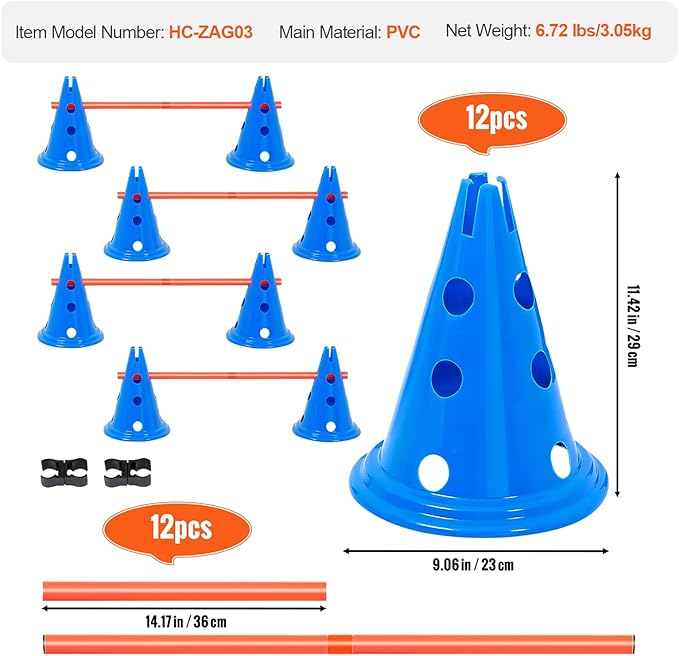 VEVOR 6 Sets Dog Agility Hurdle Cone Set, 12 Agility Cones 6 Agility Rods 2 Rod Buckles, Dog Agility Course Backyard Set Puppy Obstacle Course Jump with Storage Bag, Pet Outdoor Games