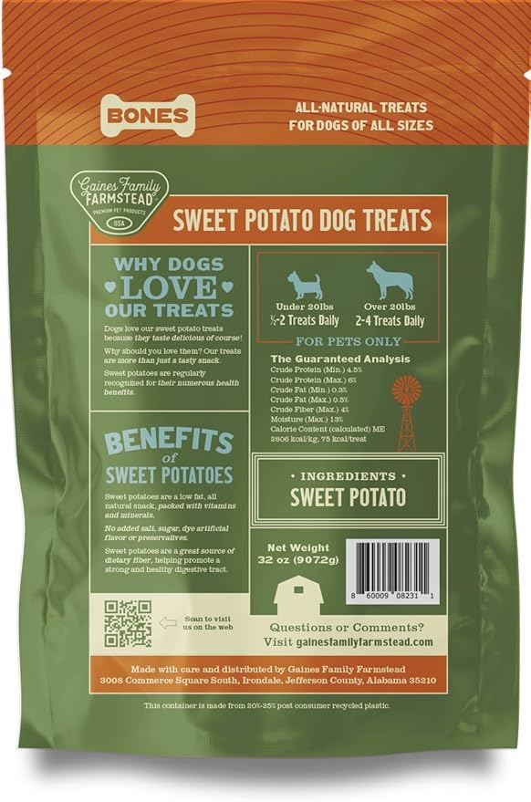 Gaines Family Farmstead Sweet Potato Dog Bones – 32 oz Bag, All-Natural, Single Ingredient, Grain-Free Dog Treats for Digestive Health, High Fiber - Training & Rewards, Made in USA